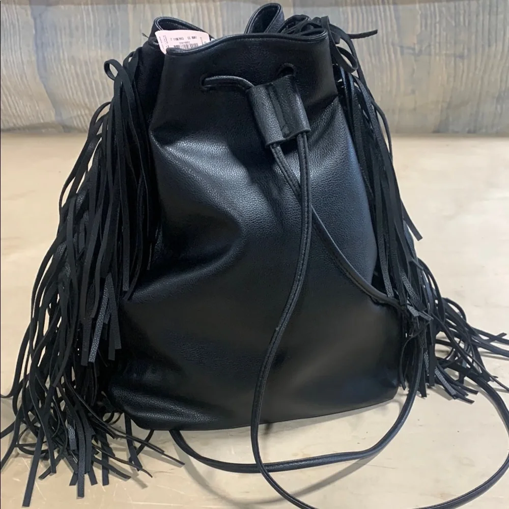 Victoria's Secret Black Leather‎ Style Backpack with Fringe Detailing 5231